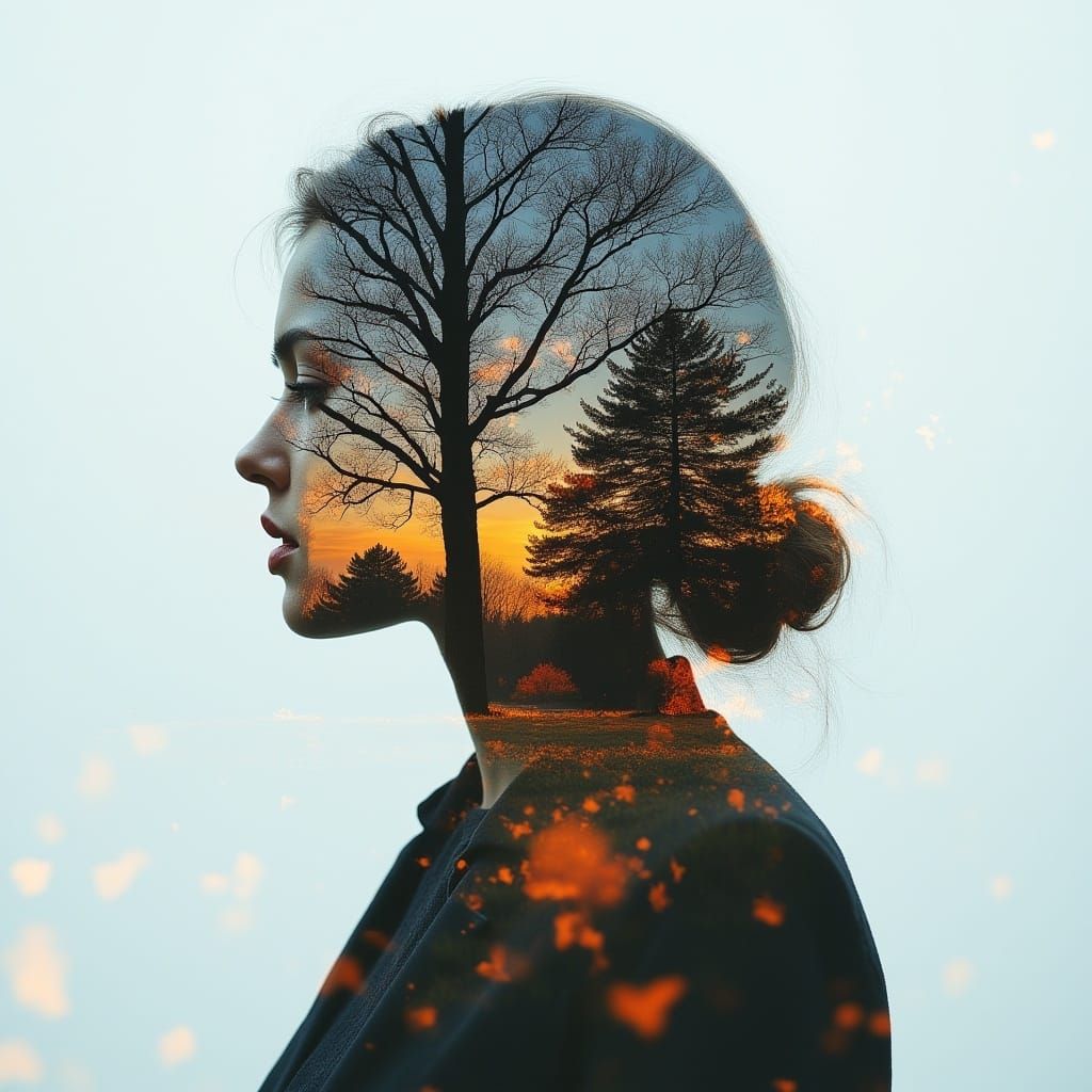 <lora:MJ6-1 DExposure:1.0> Double exposure photography of a silhouette of a person+a scene from nature, sharp focus, double exposure photog...