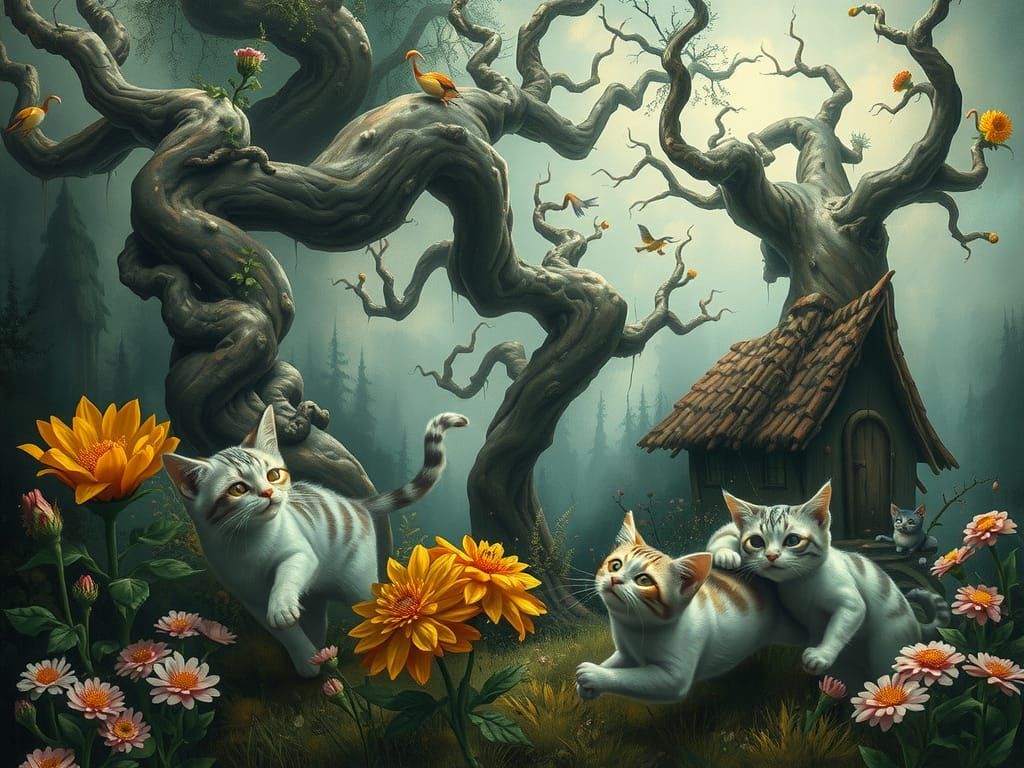 Art generated in the Surrealist style.; cute whimsical cats ...