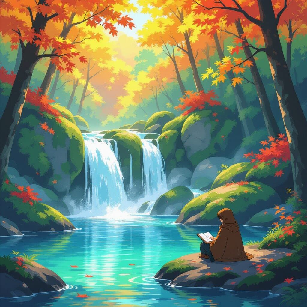 A serene waterfall cascades down moss-covered rocks into a crystal-clear pool, surrounded by a forest ablaze with autumn colors. Golden sunl...