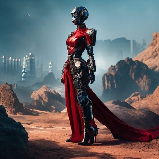 fashion in future, a cyborg woman standing model detailed matte painting, deep color, fantastical, intricate ...  by @Christine Gauthier