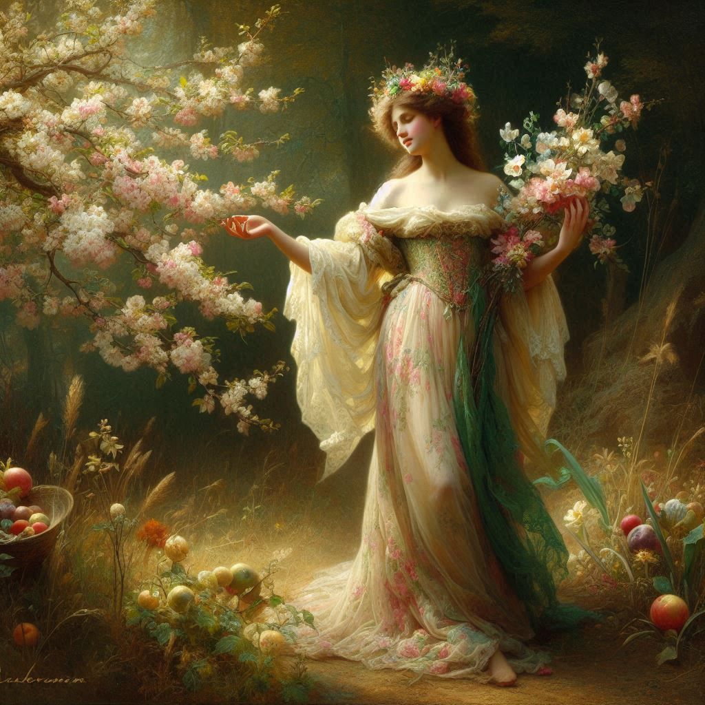 Painting of a beautiful woman picking flowers
