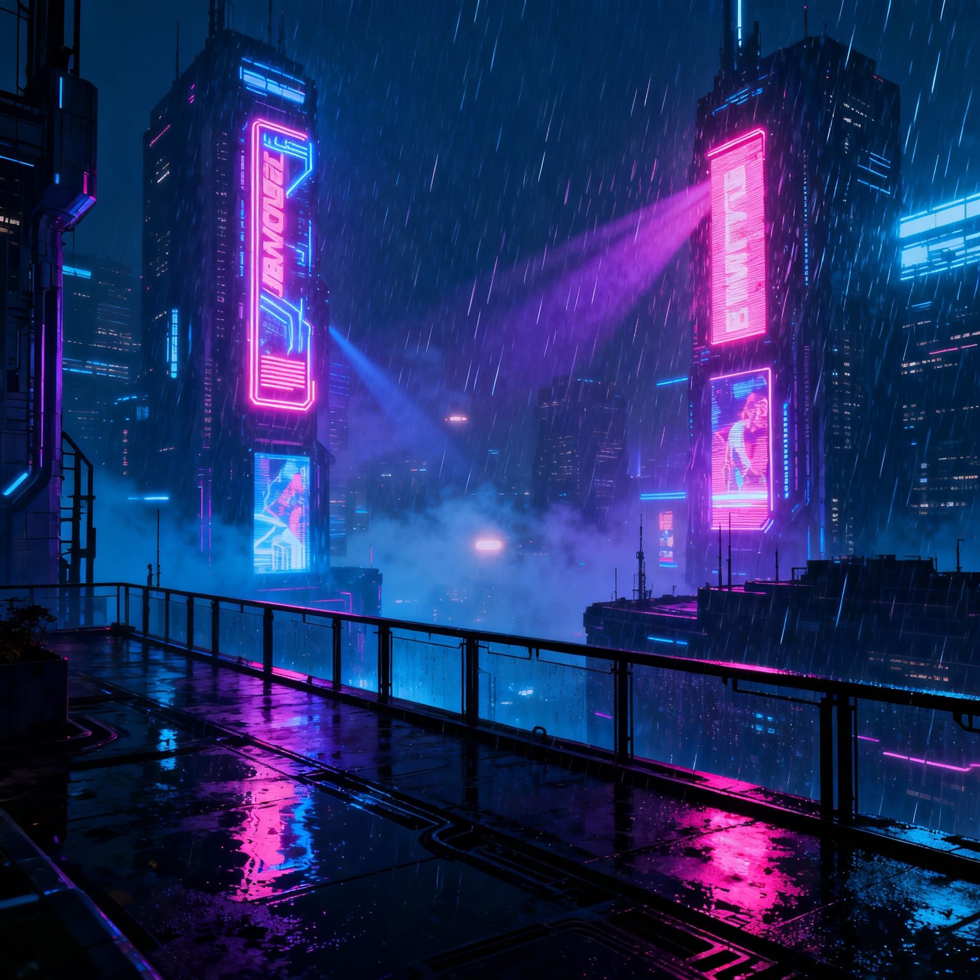 a view from a skyscraper balcony onto a dystopian Blade Runner-style city of the future late at night, as raindrops blur the lights of numer...