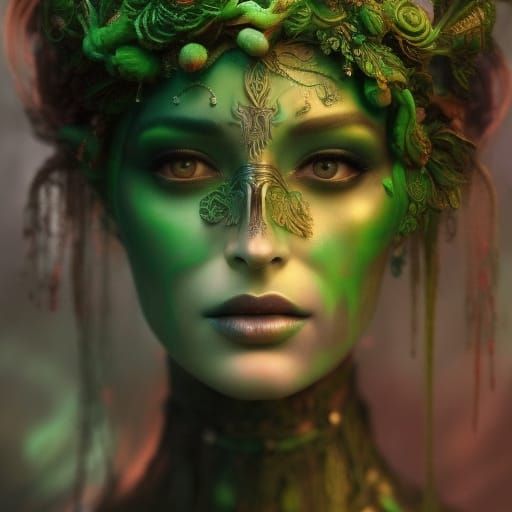 Beautiful Celtic priestess dressed in green velvet dress, in a mystical ...