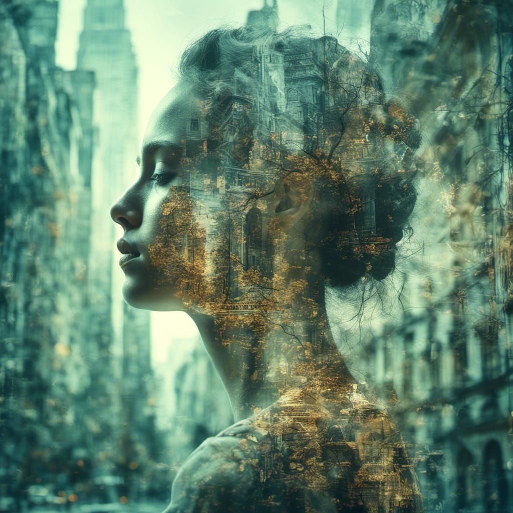 <lora:MJ 6 Double Exposure:1.3> Double exposure photography of a person's profile with architectural elements, sharp focus, double exposure...