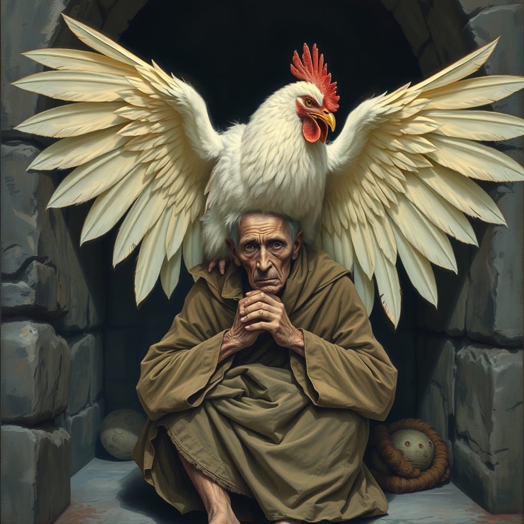 Elderly Man Enveloped by a Majestic White Chicken in a Whims...