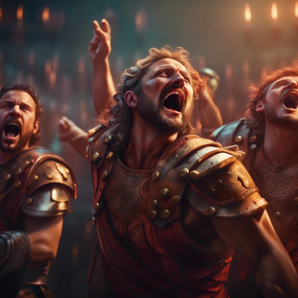 A bunch of crazy Roman warriors singing a musical number in ...