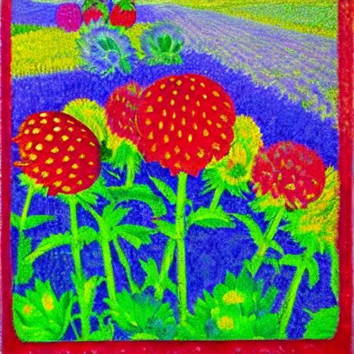 Fluorescent hedgehog on strawberry field 
Fluorescent colors...