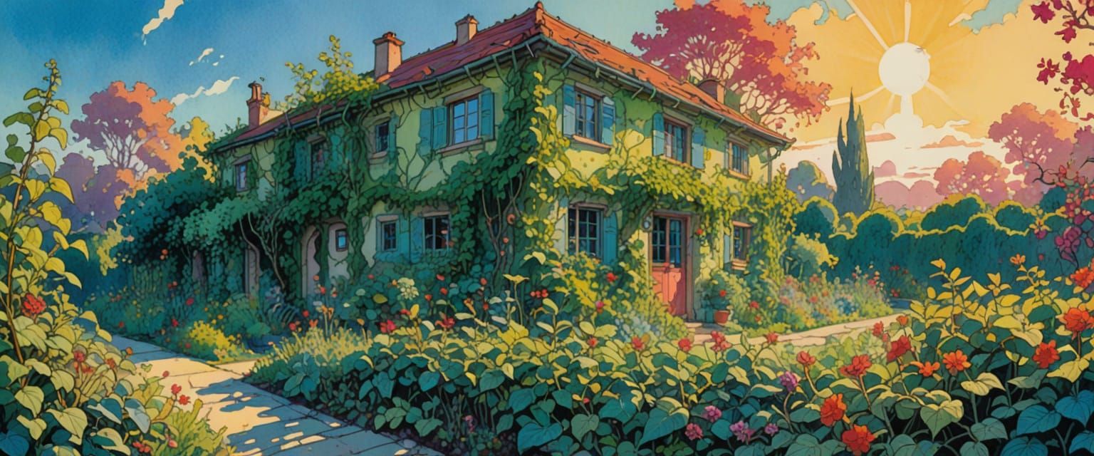 overgrown tropical garden covered in vines, light, bright, cheerful, clear early morning sunlight, beautiful sky, plants, flowers, watercolo...