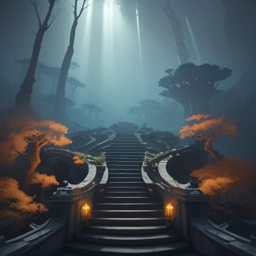 Dreamlike Infinite Staircase with Android in Digital Paintin...