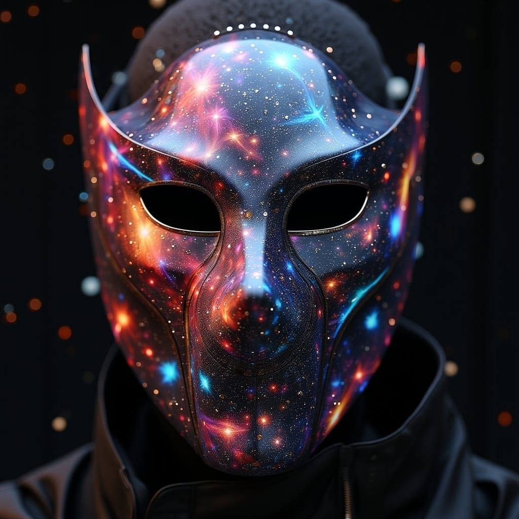 <lora:MJ6 FluxMasks:1.0> Galactic Guardian: A mask shaped like a swirling galaxy, with stars and nebulae painted across its surface, shimmer...