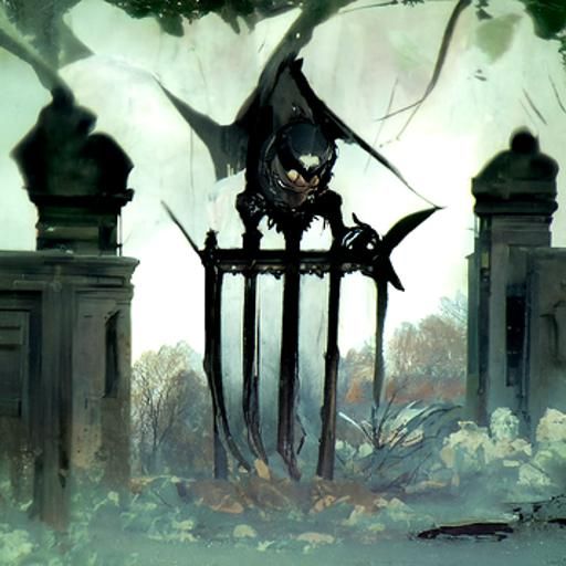 Iron fence with mansion crumbling bats