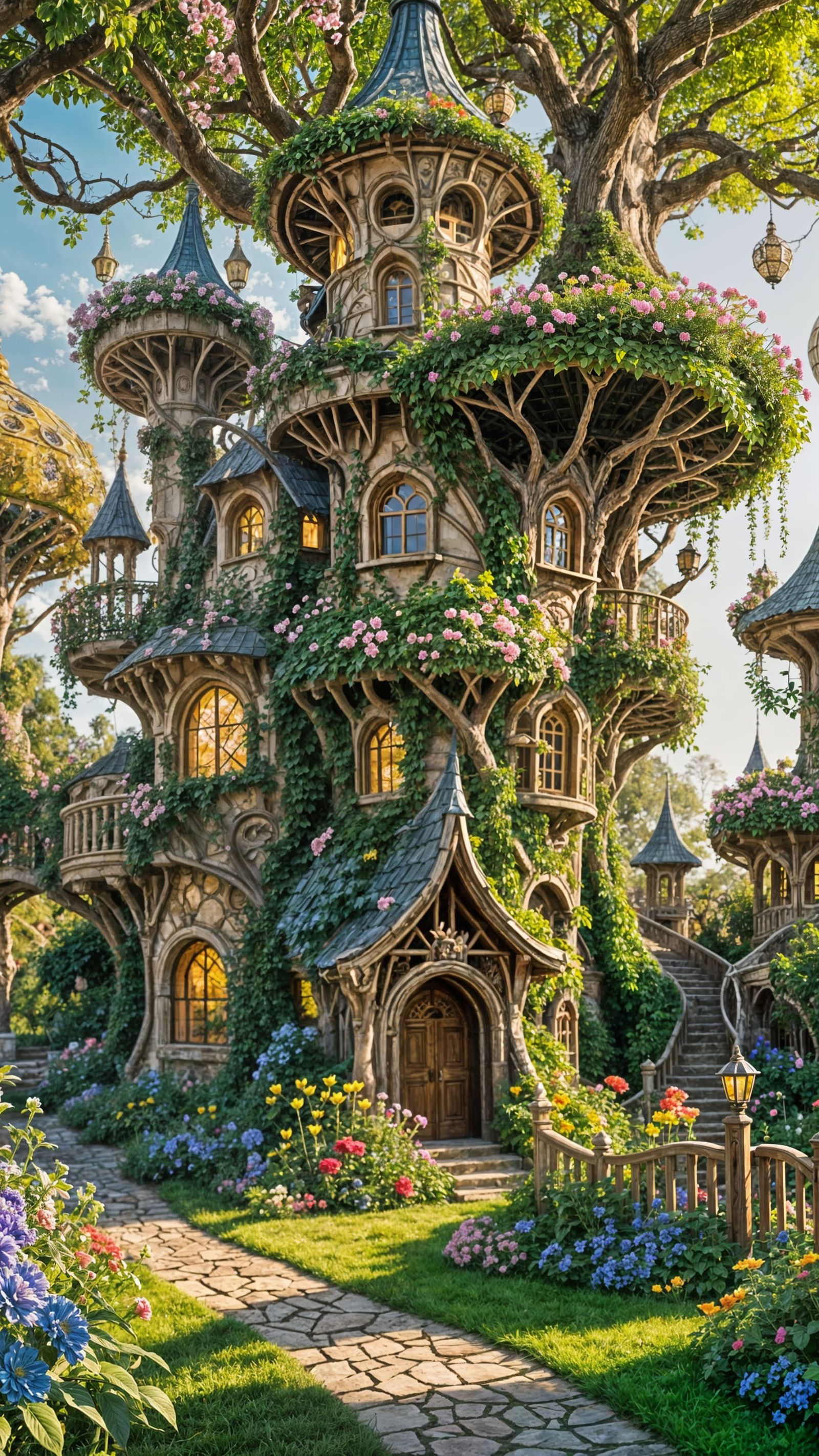 Enchanting Garden with Tower Treehouses in Golden Light