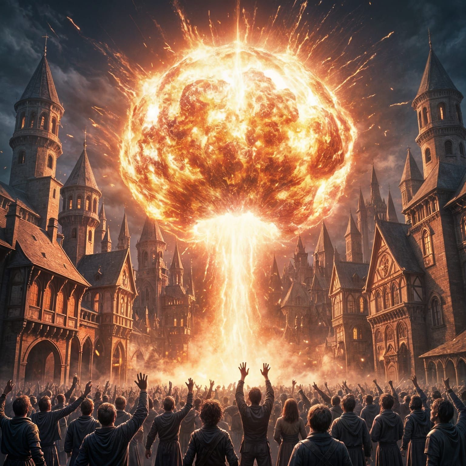 High fantasy fireball to celebrate the new year, center of a medieval fantasy high magic city, cheering, scenic, stunning, high detail, high...