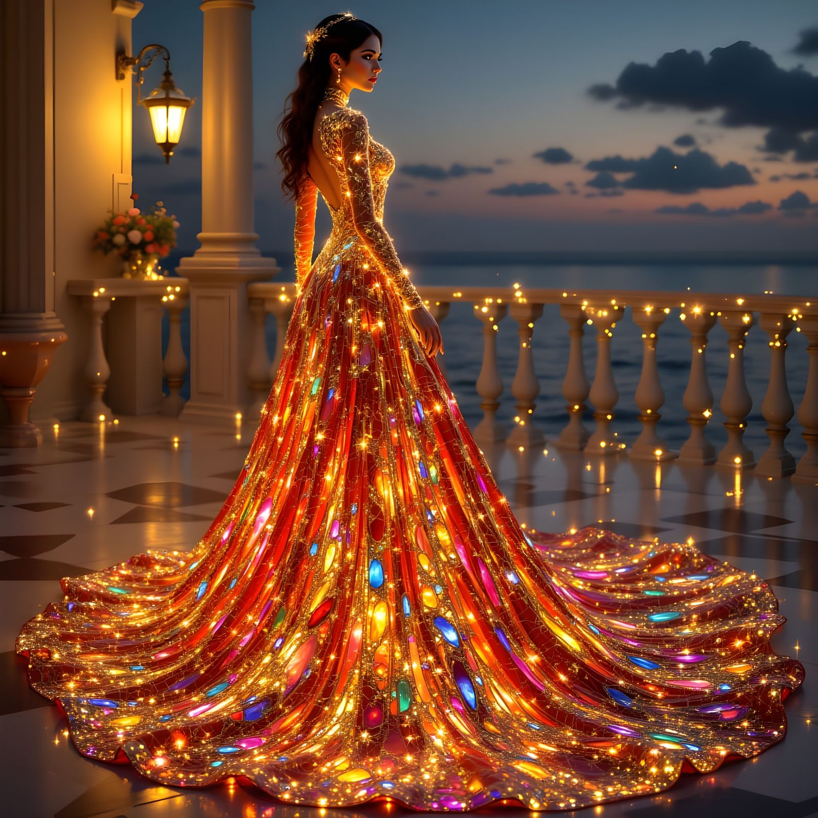 A gorgeous, hyperrealistic close-up of a stunning Klimt-inspired woman in a spectacular glowing gown, standing on terrace steps in the Medit...