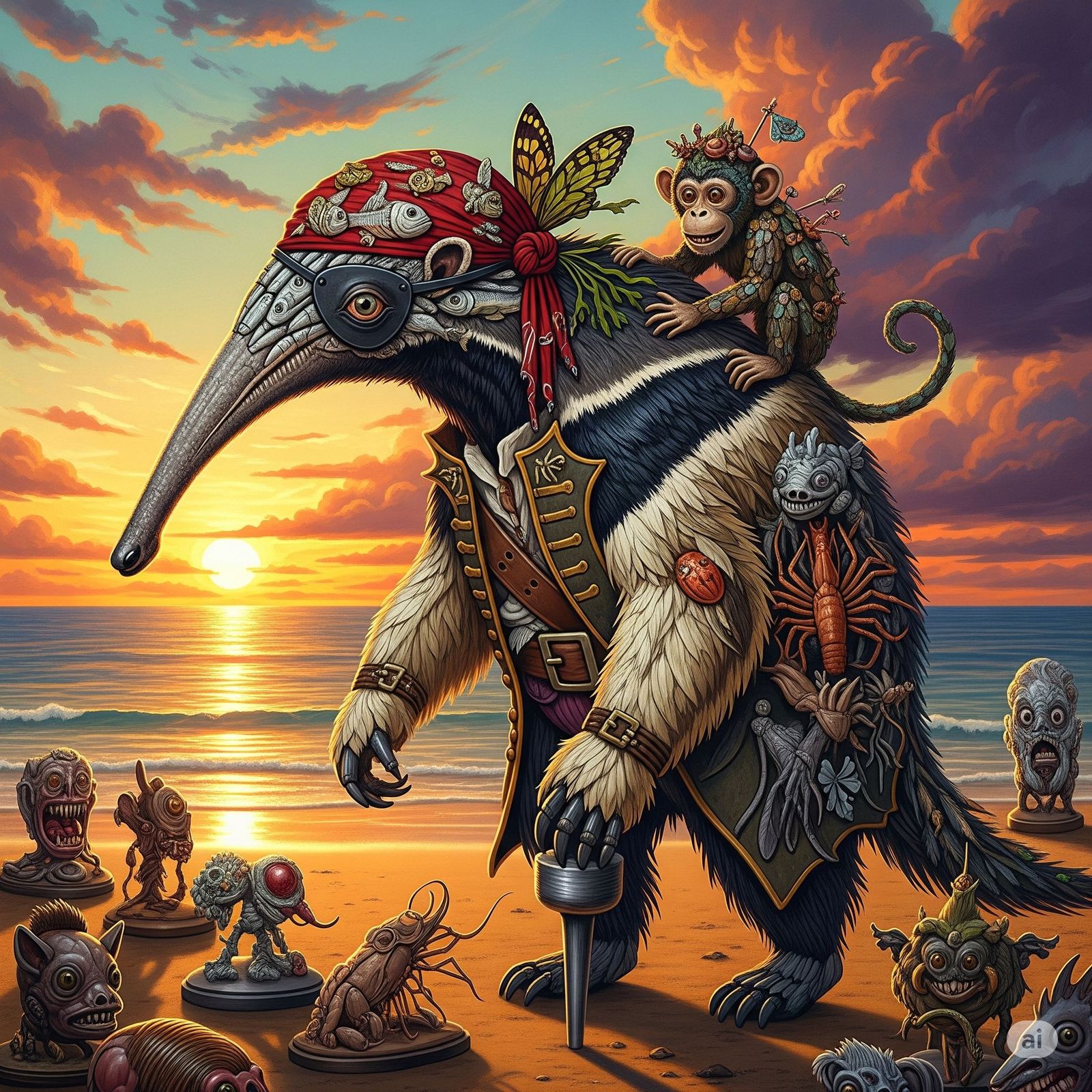 ANTEATER PIRATE WITH MONKEY ON HIS BACK