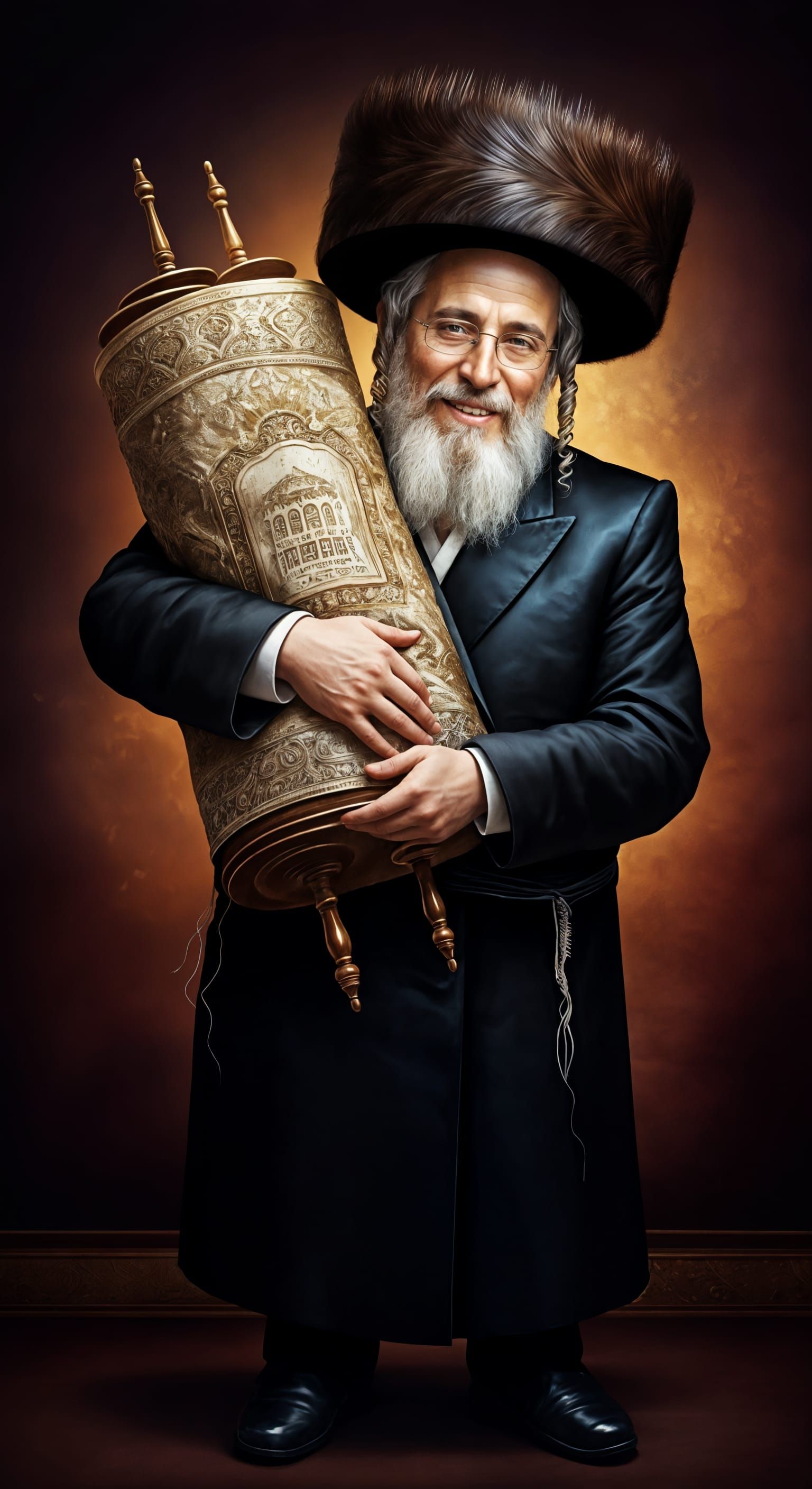 Joyful Jewish Man with Torah Scroll in Hyperrealistic Style