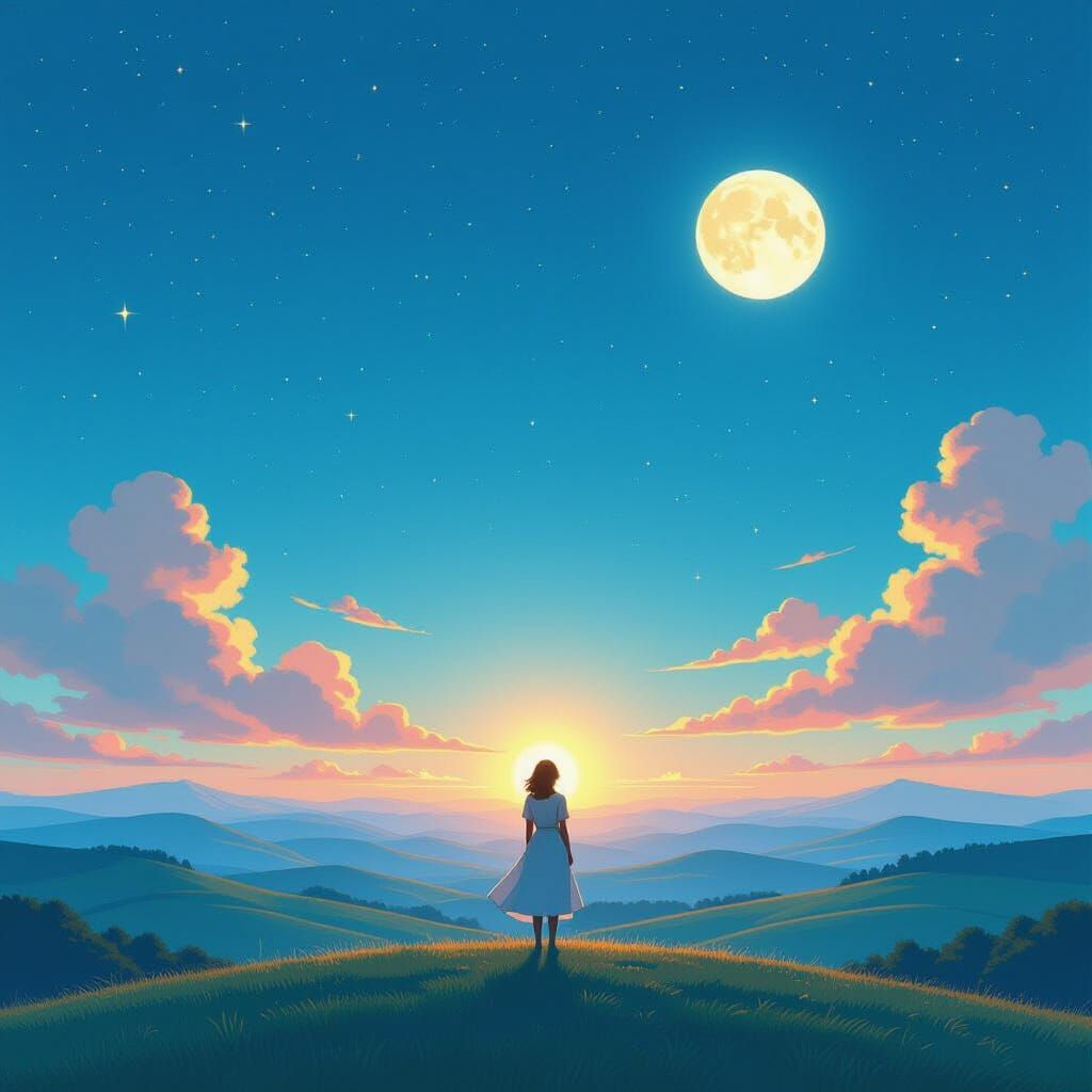 The sun shines bright at one side of the earth, on the other side the moon shines on the stars 