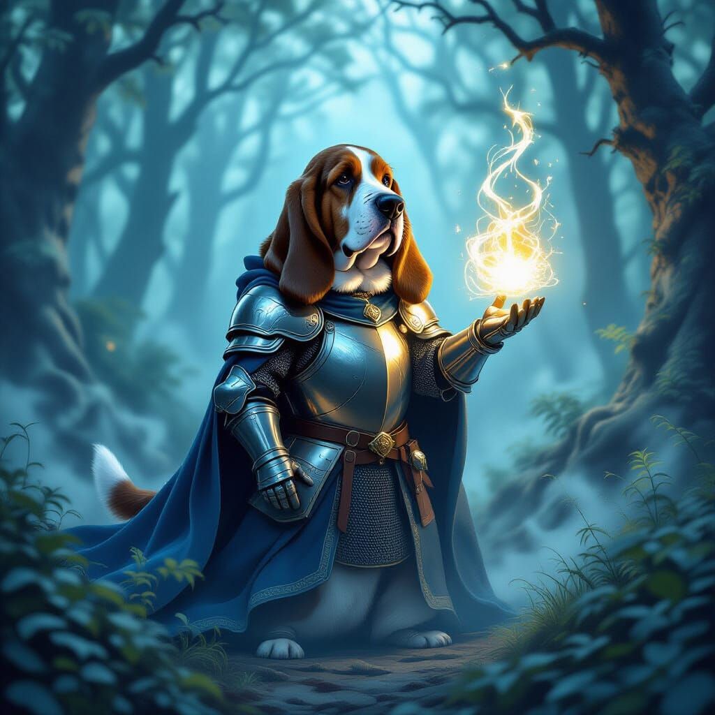 A dreamy fantasy scene with a Basset Hound knight in shining armor, standing in a misty enchanted forest, glowing magical aura, epic fantasy...