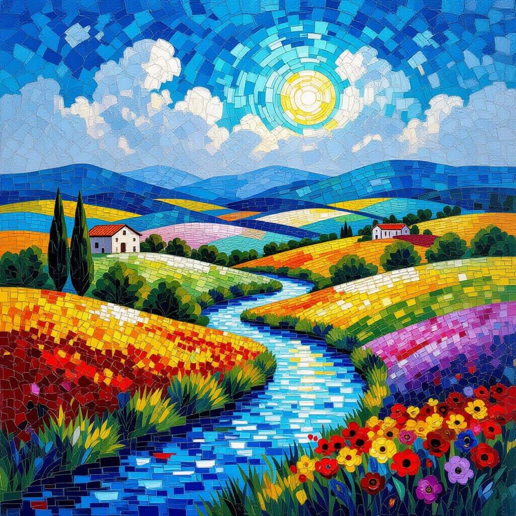 Vibrant Mosaic Landscape in Monet Klimt Style
