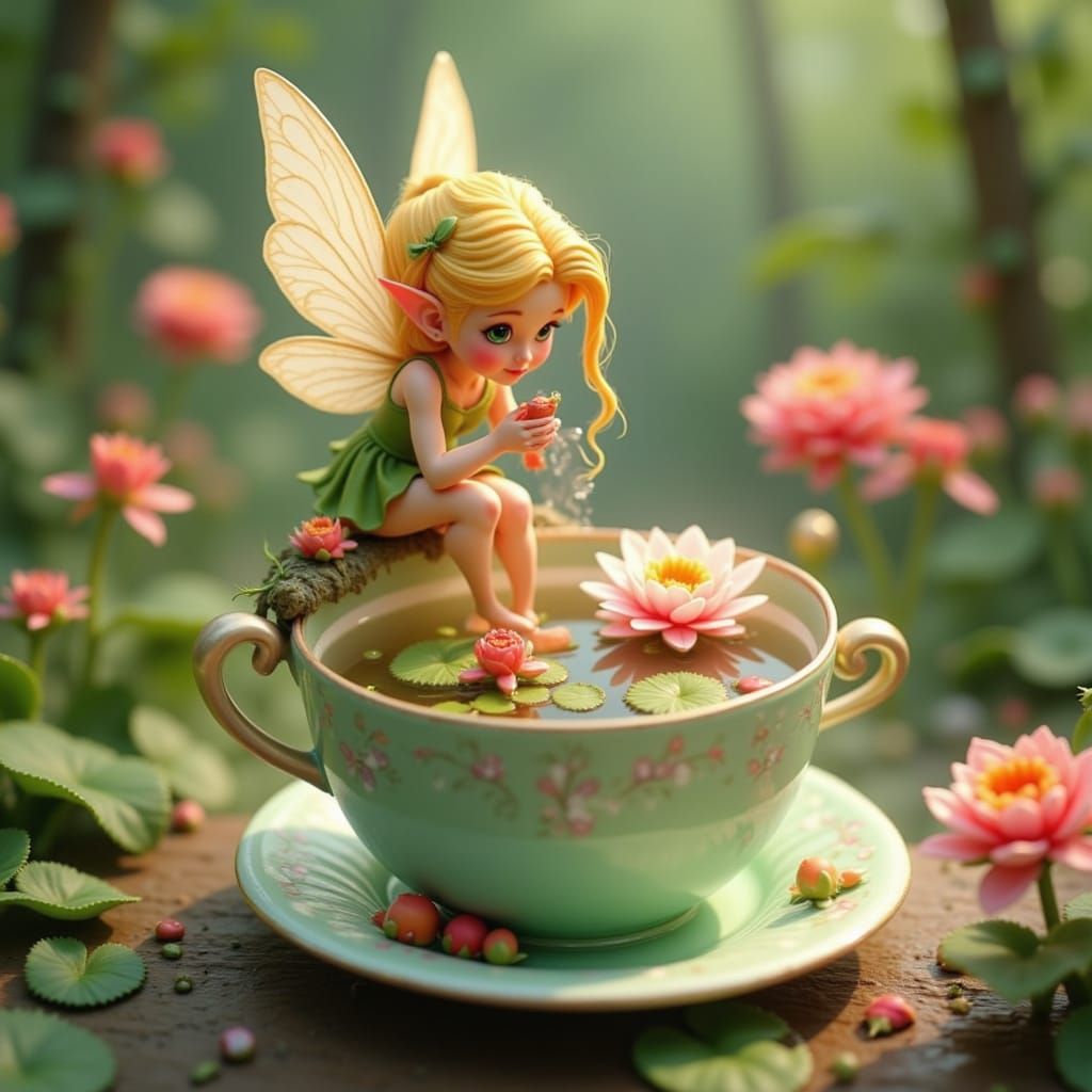 <lora:Lily Fairy Character:1.0>A miniature fairy sitting on the edge of a porcelain teacup filled with water lilies and koi fish, sipping ne...