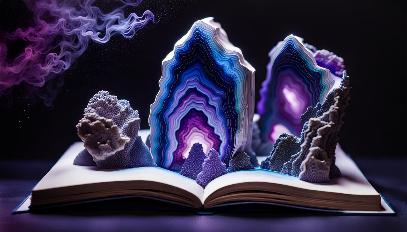 a pop up book about geodes, deep colour, vivid, vibrant, acr...
