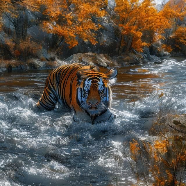 a tiger in a river <lora:MJ6 Animals:1.3> a high-resolution, photorealistic image that exhibits hyperrealism, a high level of texture detail...
