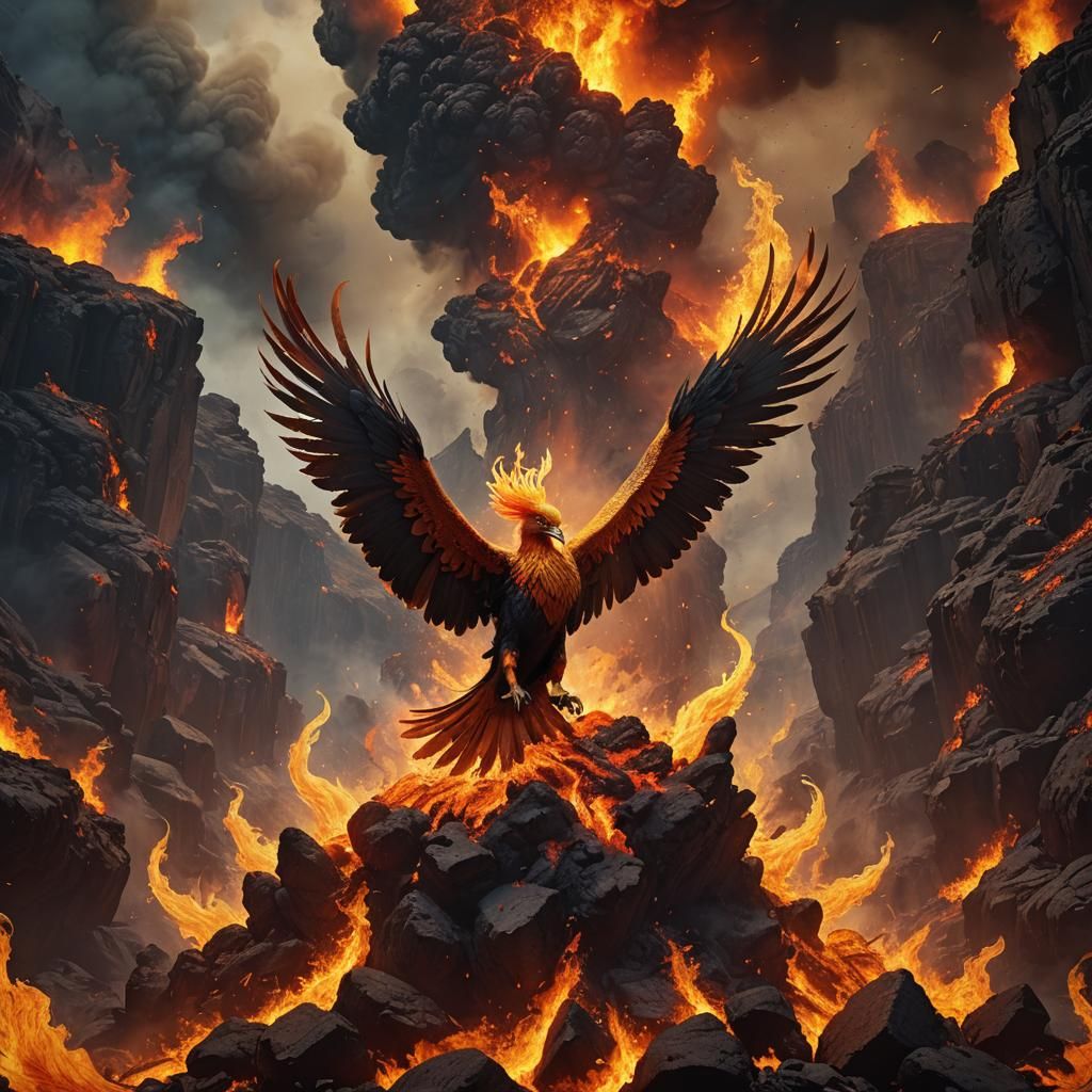 Phoenix Rising from Volcanic Flames: Art Nouveau