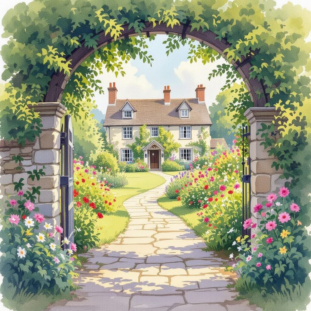 Serene English Garden in Watercolor Style