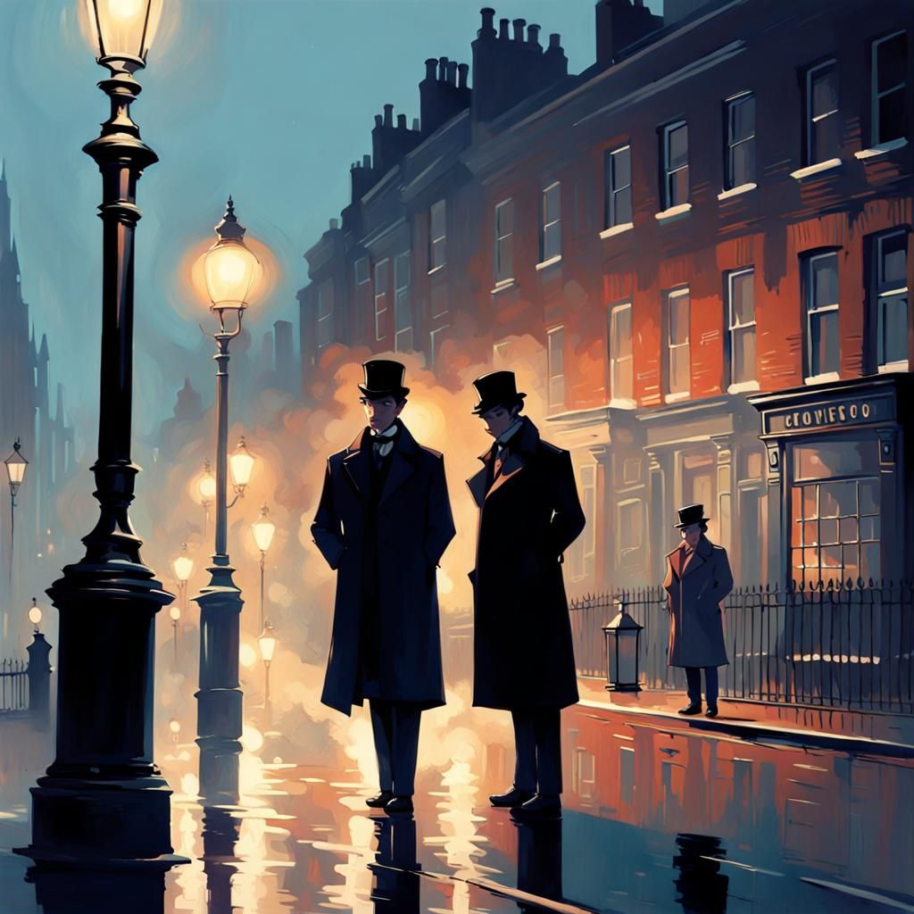 Victorian London, evening, fog, street lamps