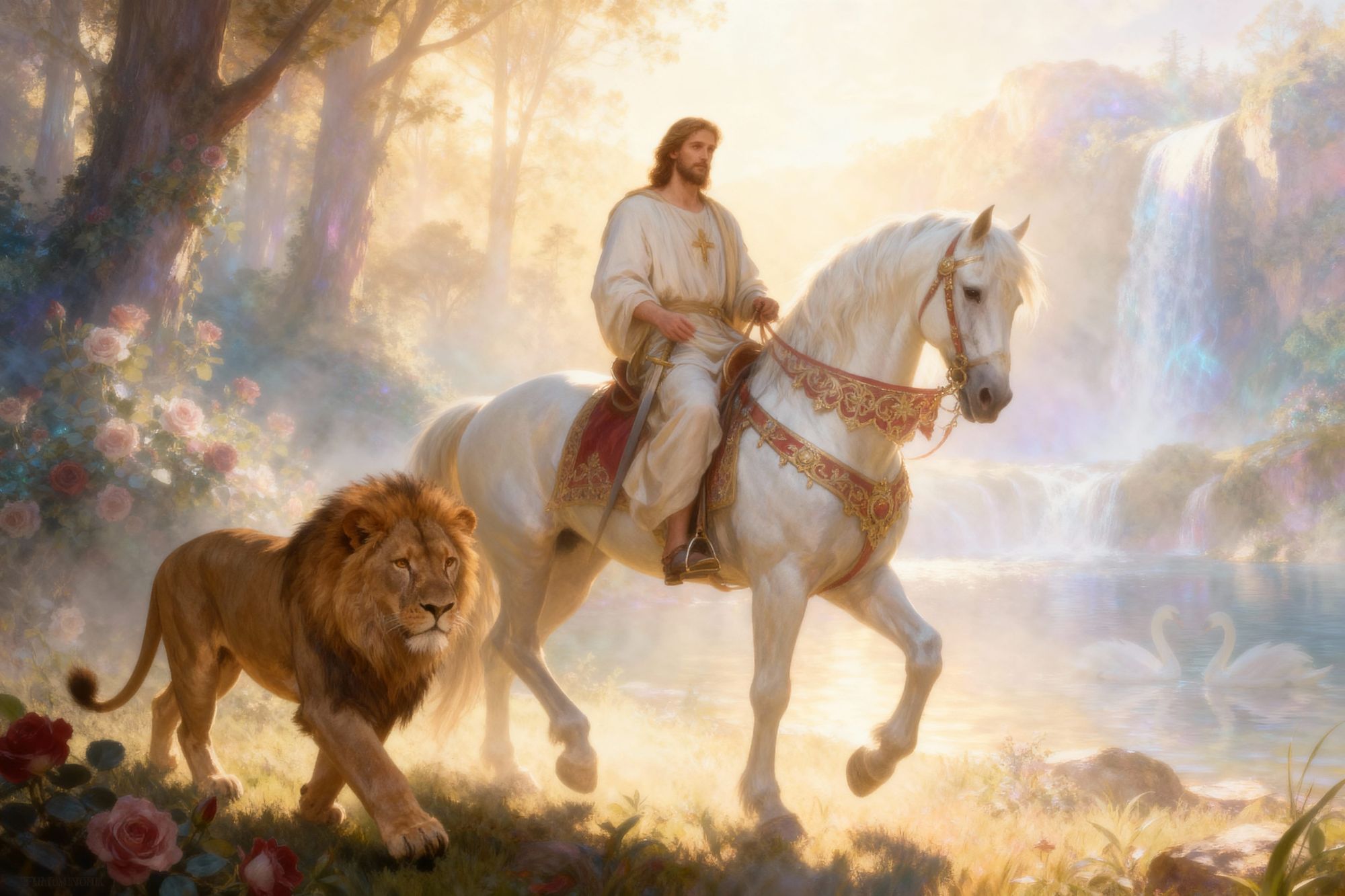 Jesus on a white horse.  