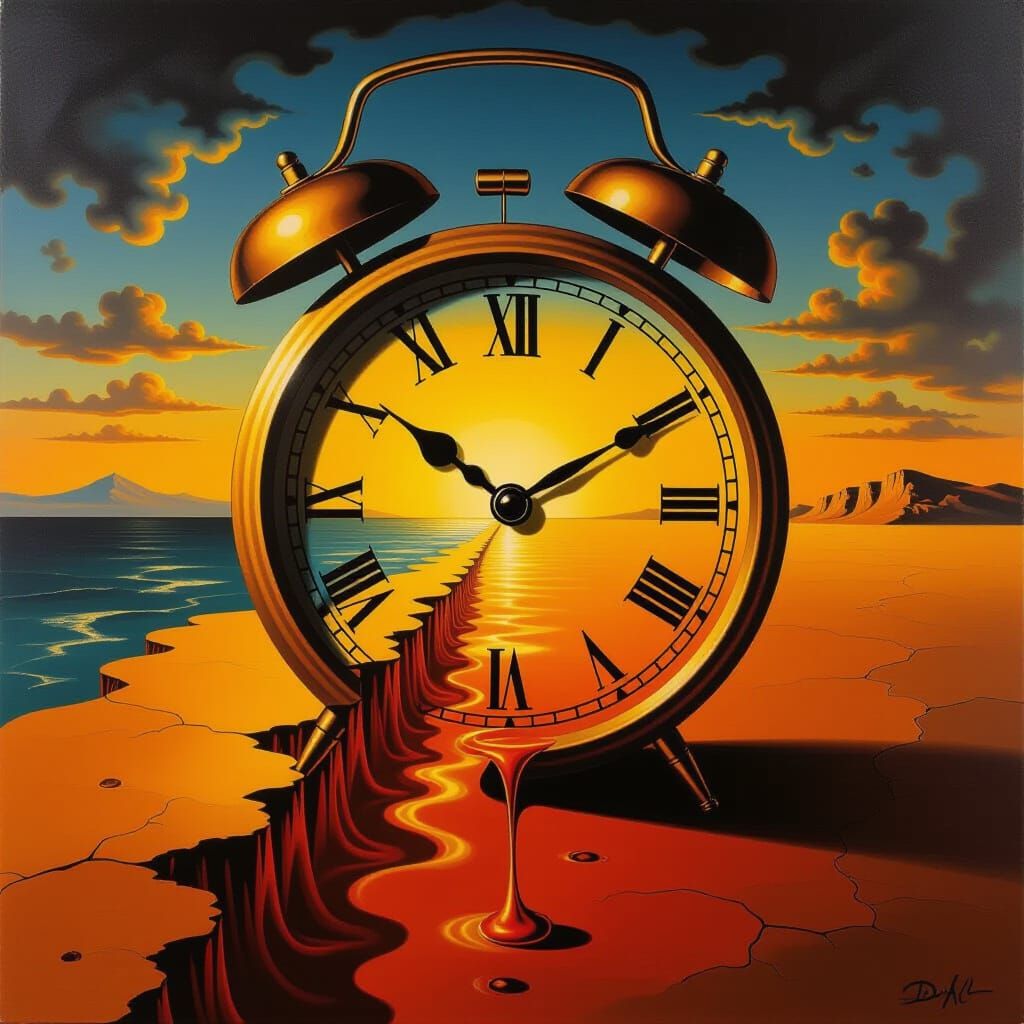 Surreal Hourglass Melts in Red Sunset