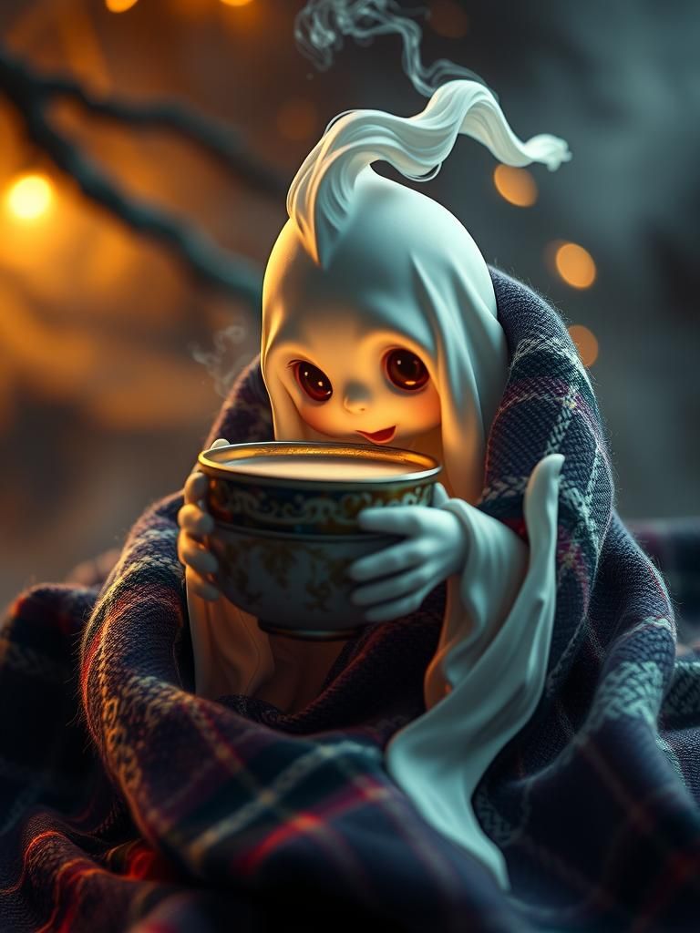 A tiny ghost wrapped in a cozy blanket, holding a cup of hot cocoa. a masterpiece, 8k resolution, dark ...  by @Ivanwhw_509