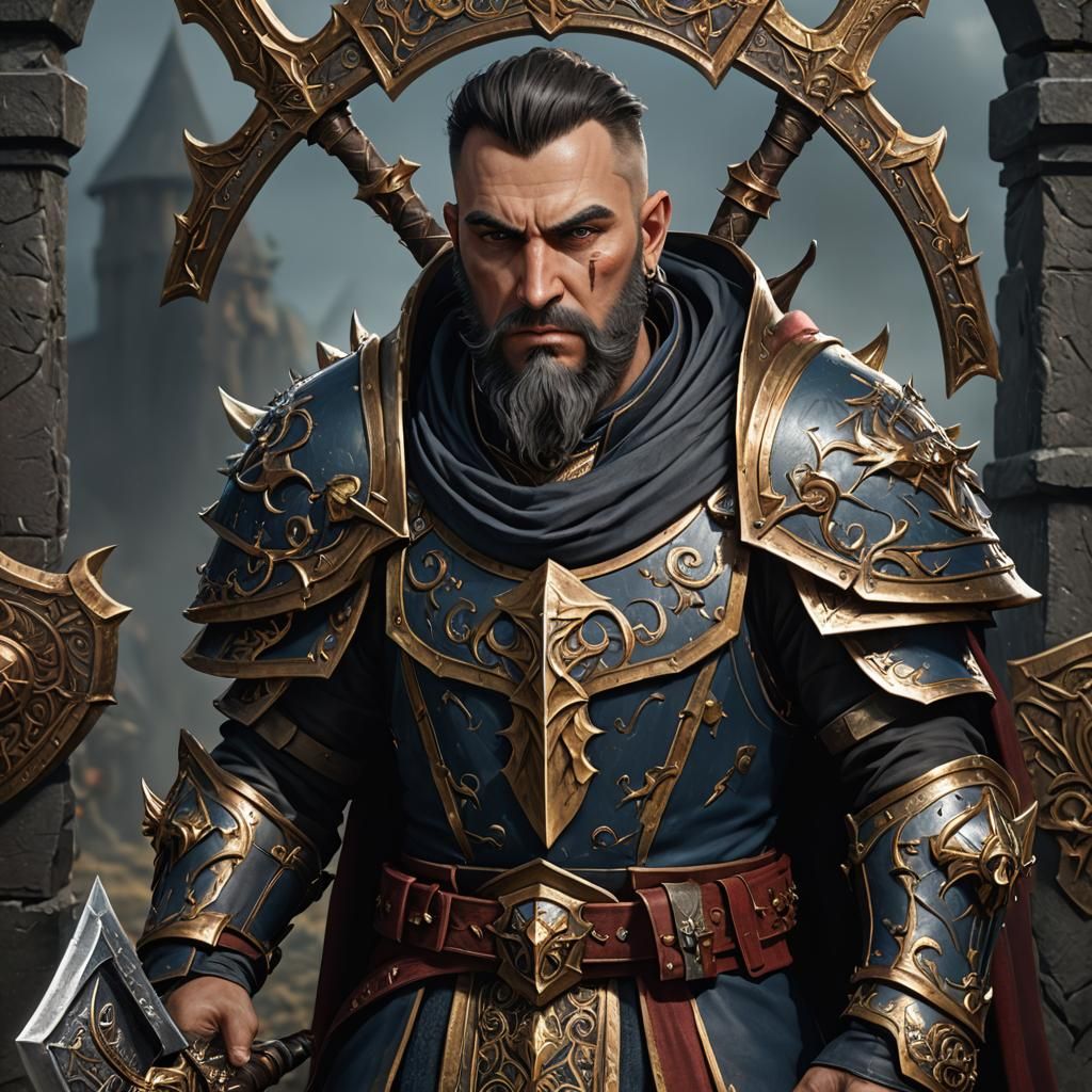 Bust portrait of a Warhammer fantasy warrior priest human ma...