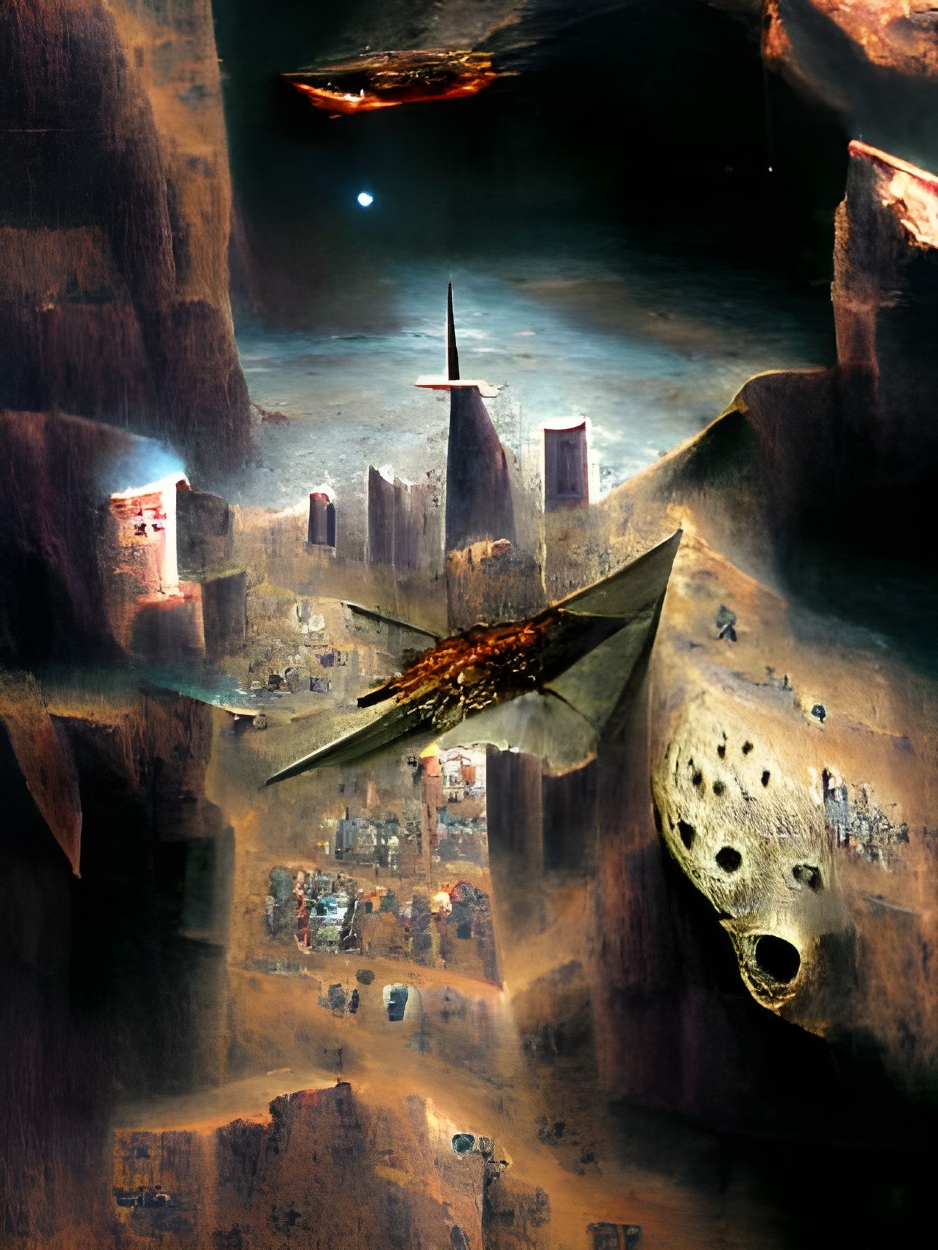 Spacecraft flying over the dead city