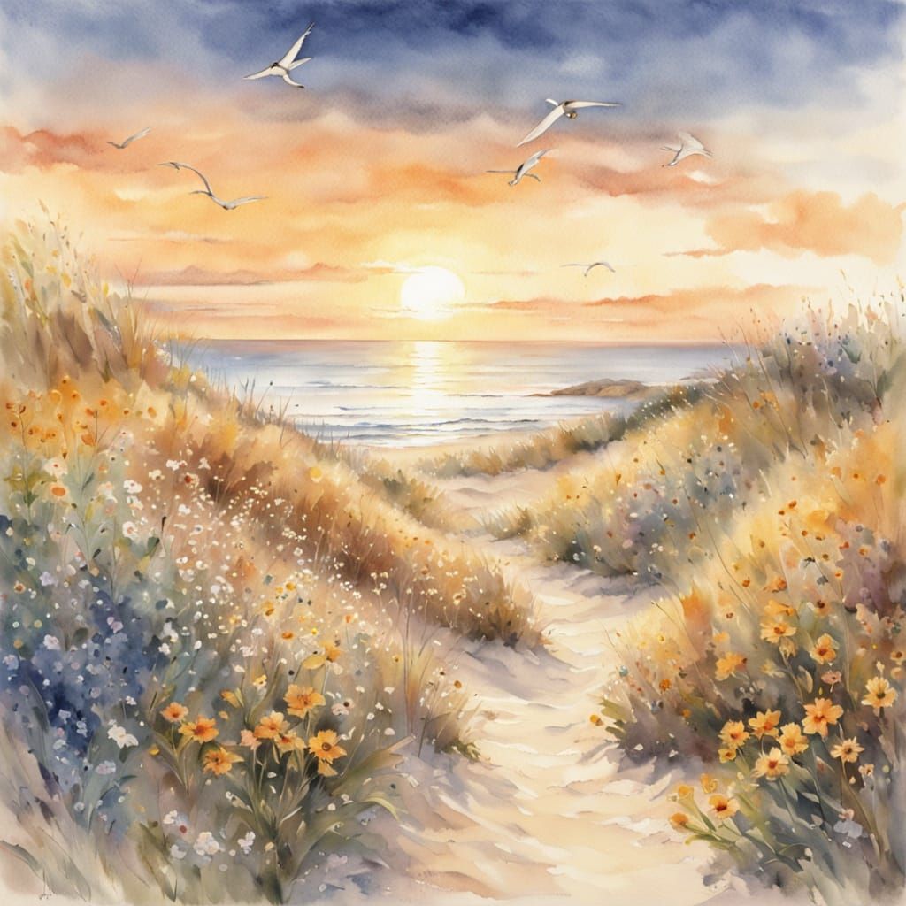 A watercolor painting depicts a beach scene at sunset. The focal point is a sandy path leading from the ...  by @Mike