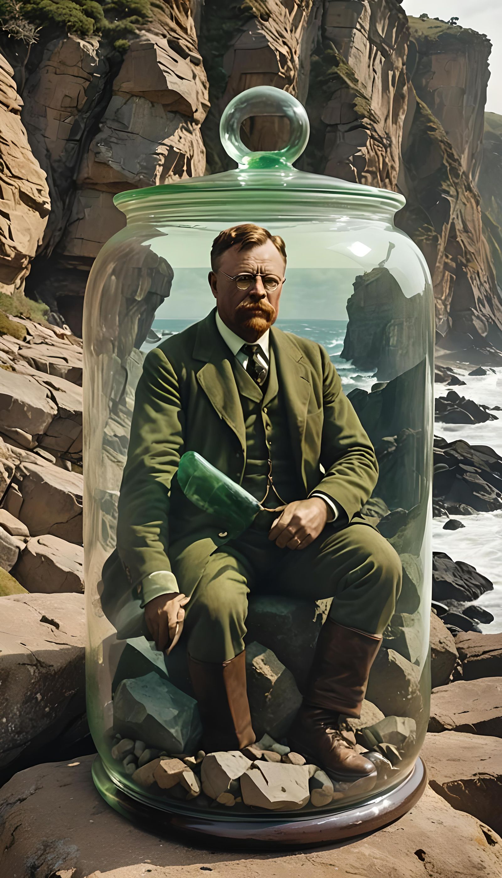 Teddy Roosevelt trapped inside a giant slight green tinged glass jar.  by @Caestus