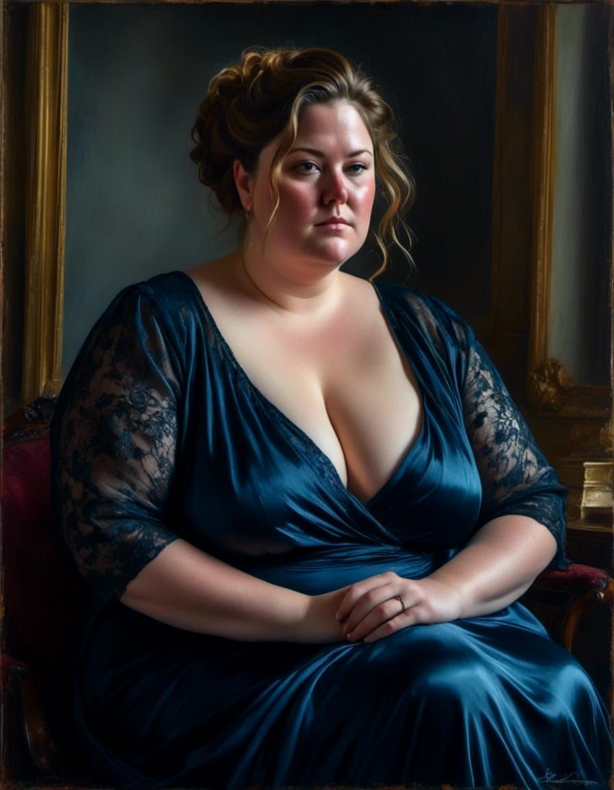 Sad Brunette in Silk Dress: Painted Portrait