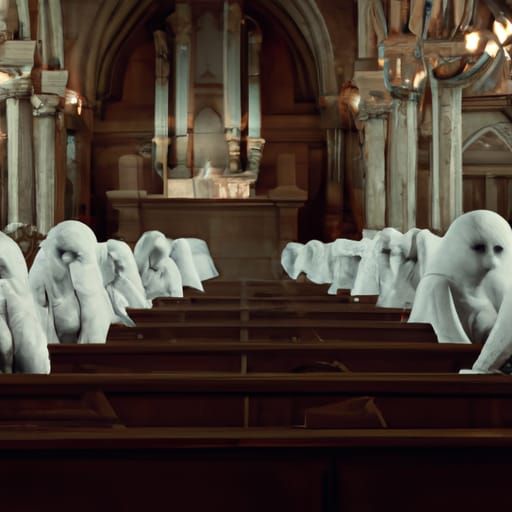 30 ghost sculptures sitting in the church pews