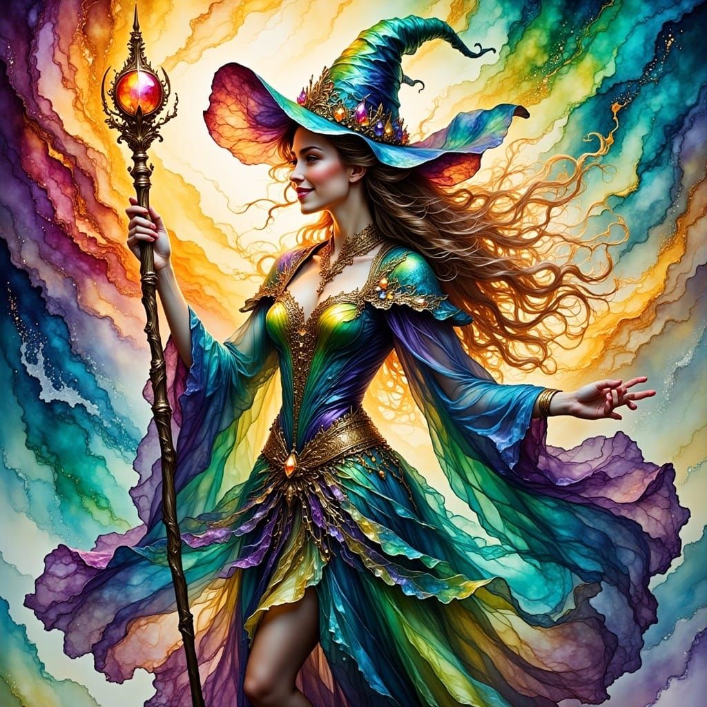 Epic gleeful fantasy wizard <lora:Fantasy Ink Flux:1.0> , alcohol-ink masterpiece