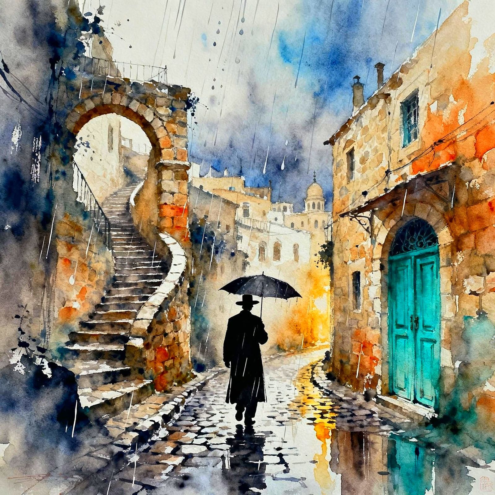Haredi Man Walking in Rainy Tzfat Alley as Watercolor