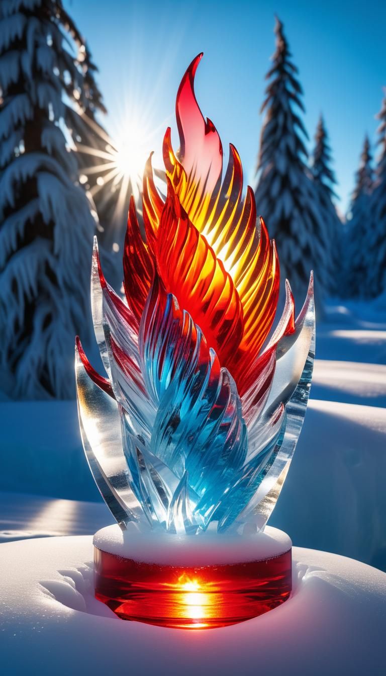 ice sculpture of a flame, red tips, sunlight, rainbow lens f...