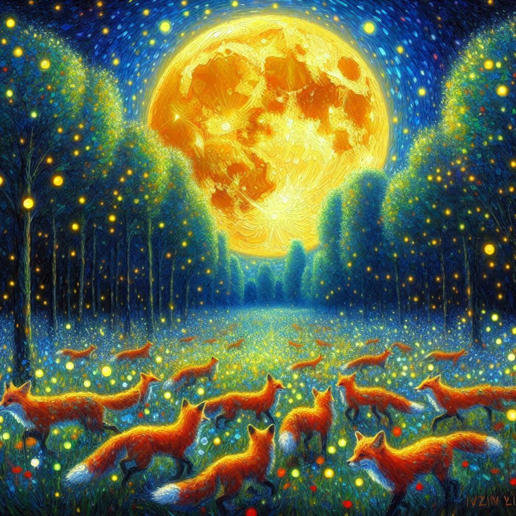 Foxes under a full moon