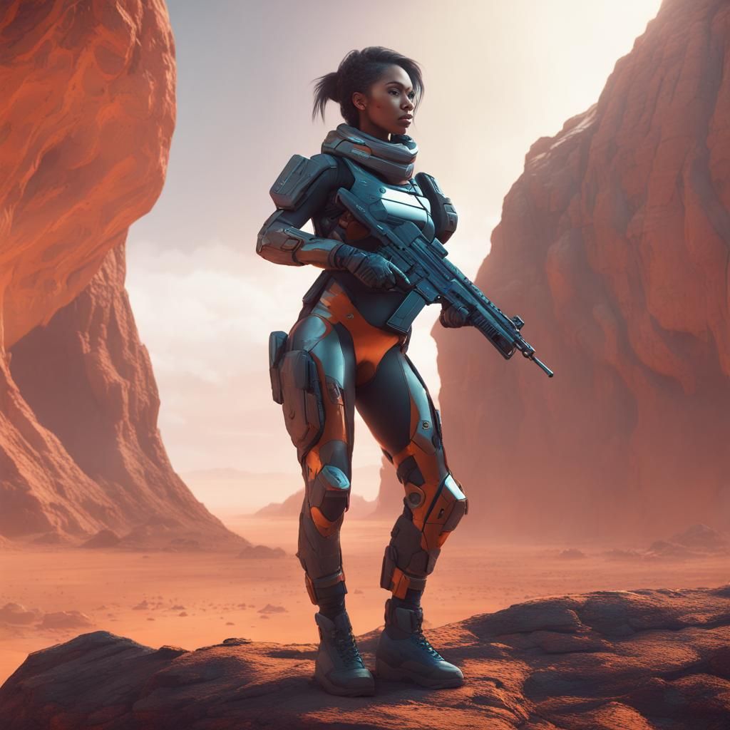 futuristic woman with gun standing in front of a huge rock, ...