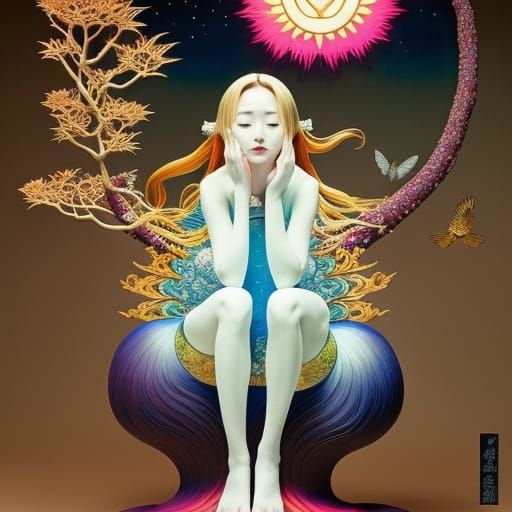 woman in Surreal artisanal chair made entirely of Sun and Mo...