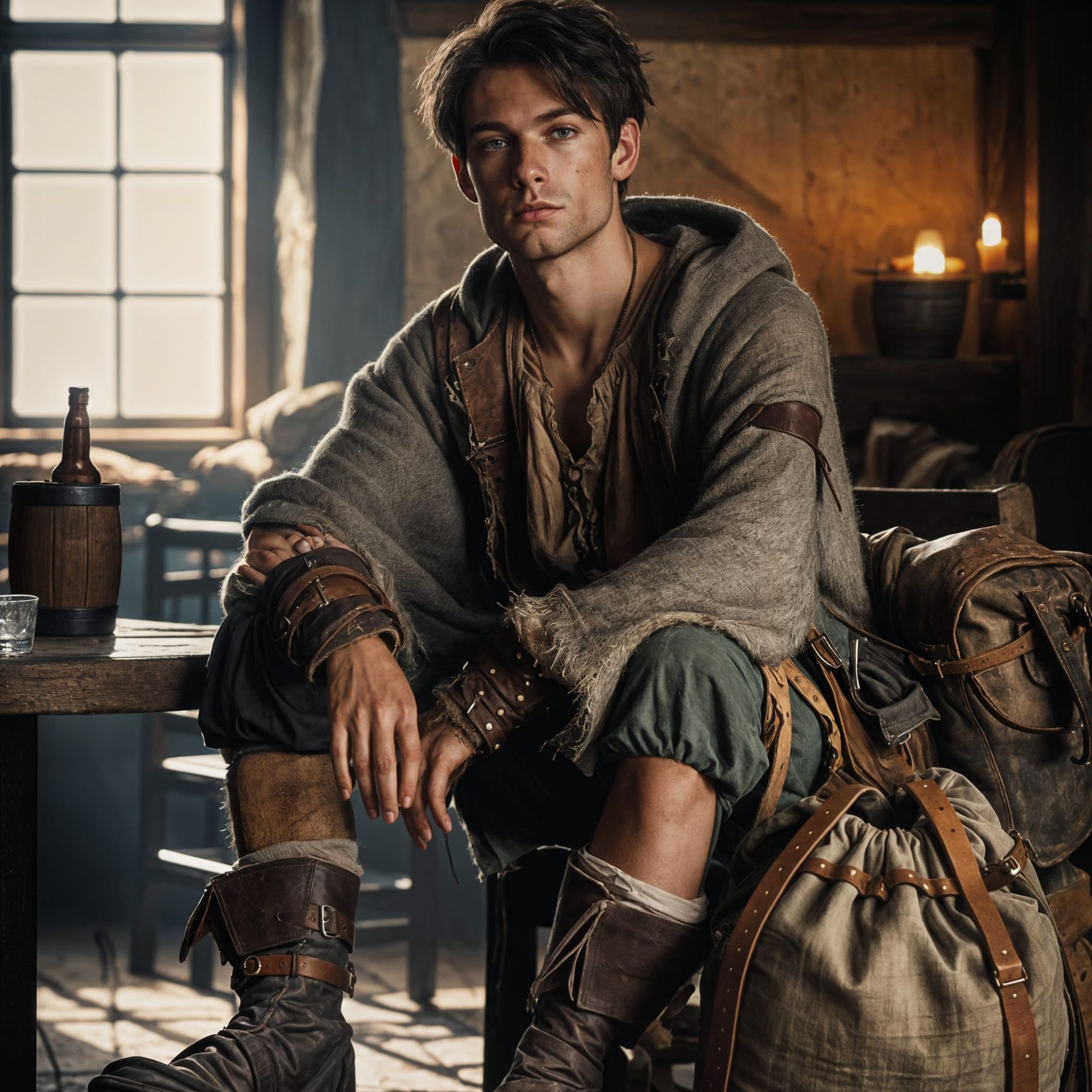 full body image of a 24 year old, Caucasian, poor, short in stature, male, fantasy based, realistic looking, monk cleric, wearing cheap tatt...