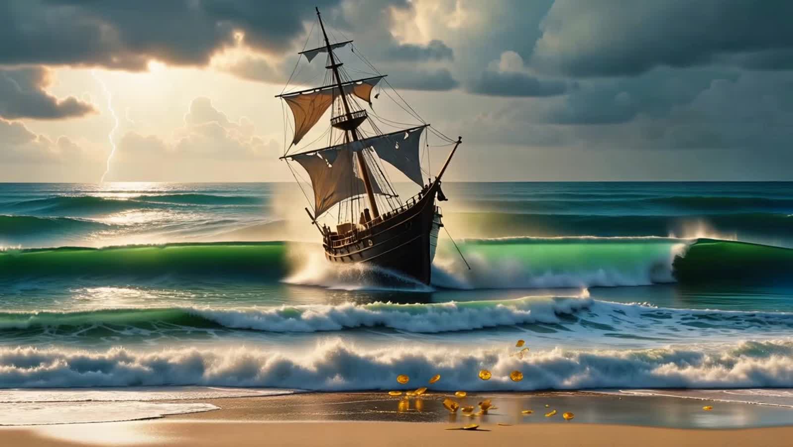 Gold coins washing up on a beautiful beach from a tossing  pirate ship caught in a turbulent wave  18th century atlas th...