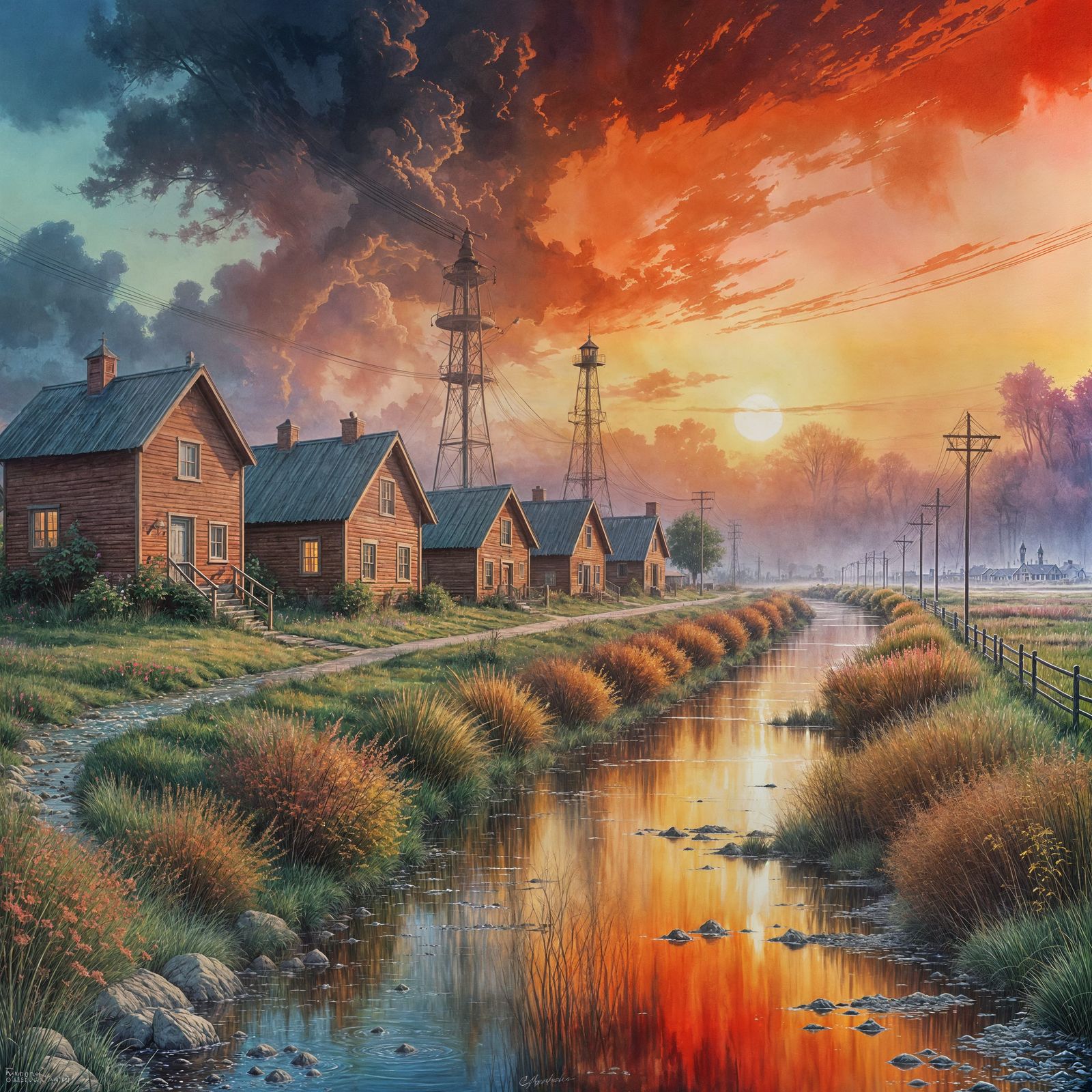 Oil Painting of Red Landscape Village at Sunrise