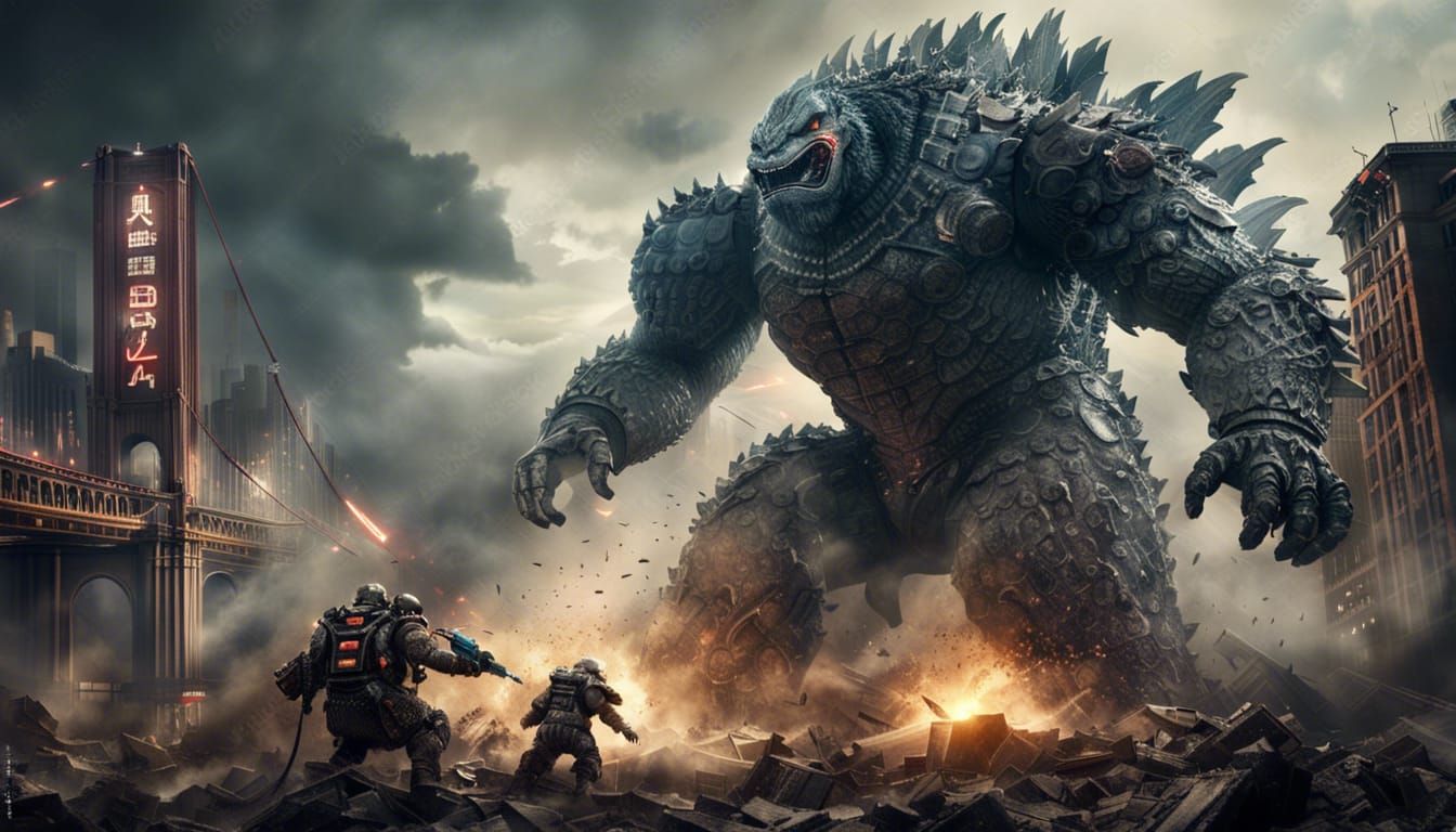 epic battle between Godzilla and an evil giant robot