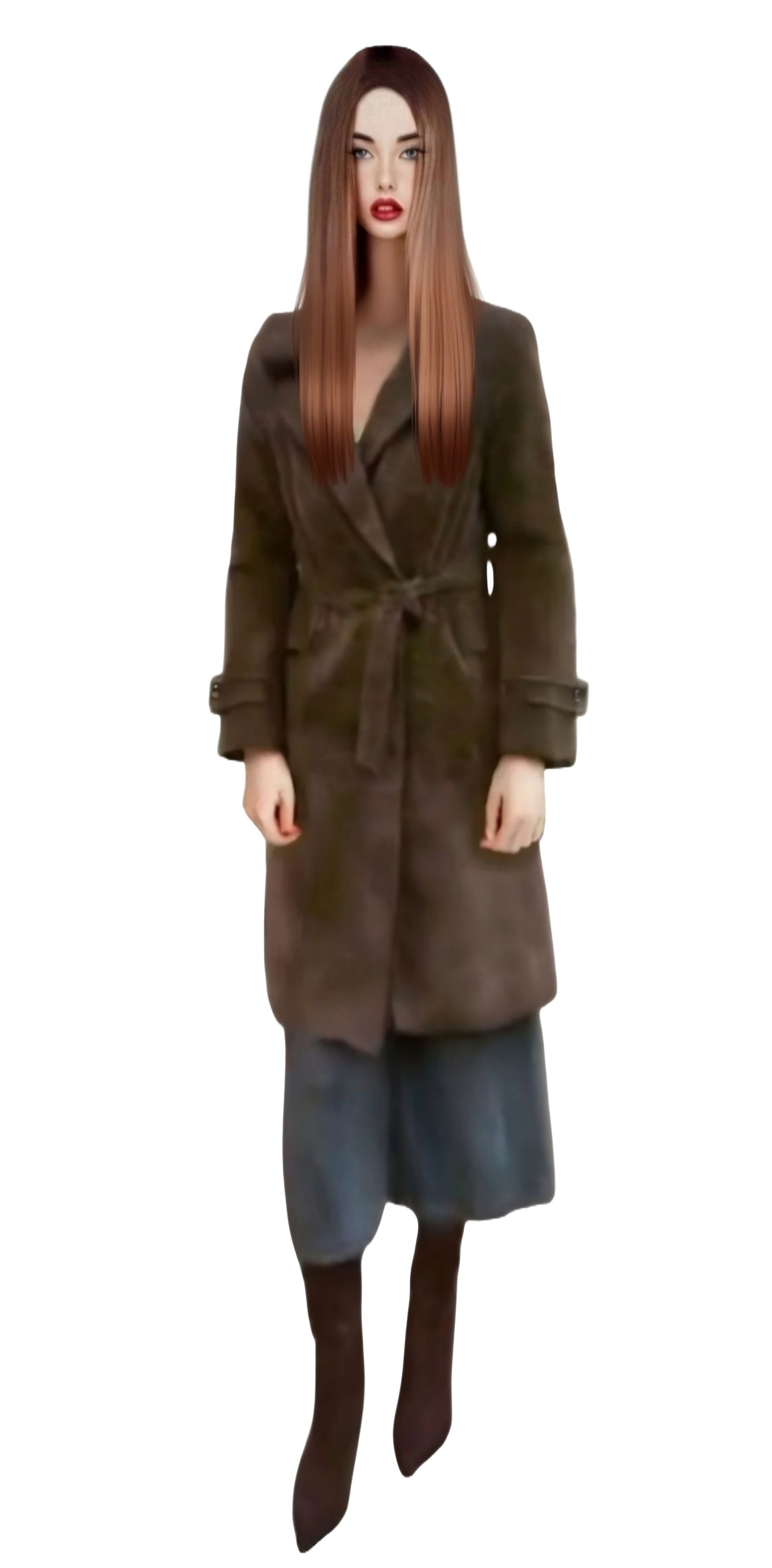 18 year old female with long straight brunette hairstyle, wearing British women's chic long brown coat, long jean skirt ...