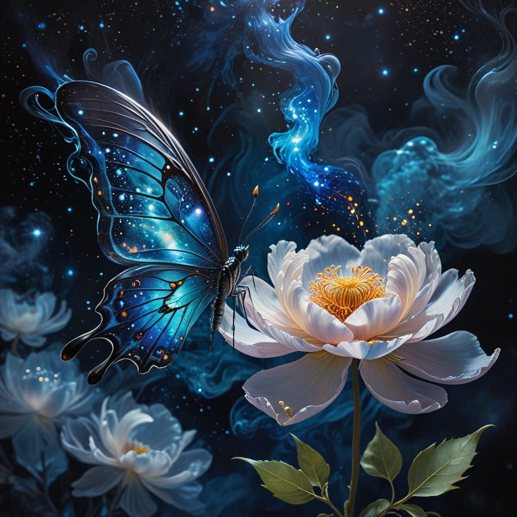 An ethereal, luminescent smoke butterfly with delicate, translucent wings and slender body, gently alighting ...  by @Lady on Fire